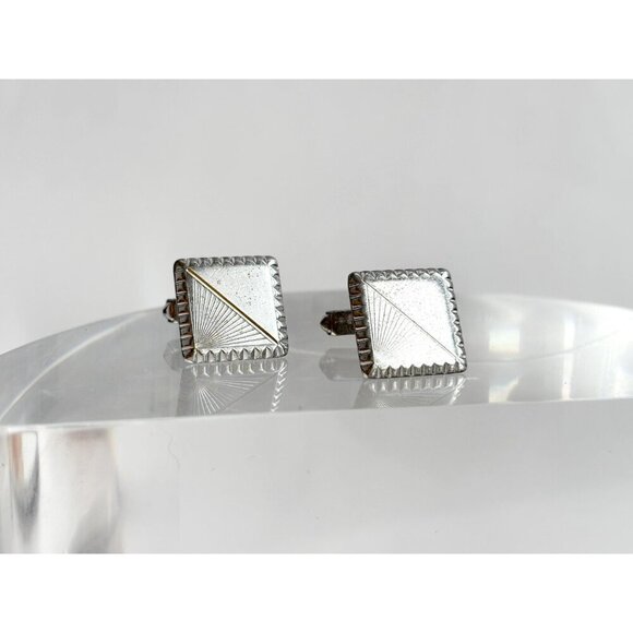 Art Deco Square Shaped Carved Sterling Silver Men's Classic Cuff Links - Picture 3 of 10